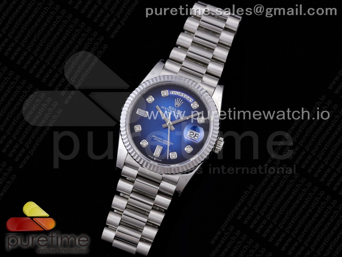 GMF 롤렉스 데이데이트36 블루다이얼 다이아인덱스 스틸브레이슬릿 Day Date 36 128239 GMF 1:1 Best Edition 904L Steel Blue Dial Diamonds Markers on Bracelet A2836