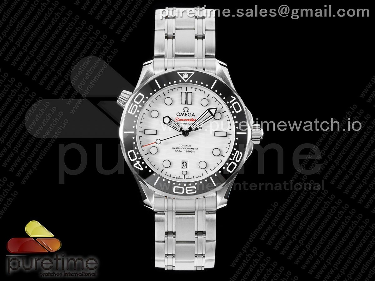 HRF 오메가 씨마스터 다이버300 화이트다이얼 스틸브레이슬릿 Seamaster Diver 300M HRF 1:1 Best Edition Black Ceramic White Dial on SS Bracelet A8800