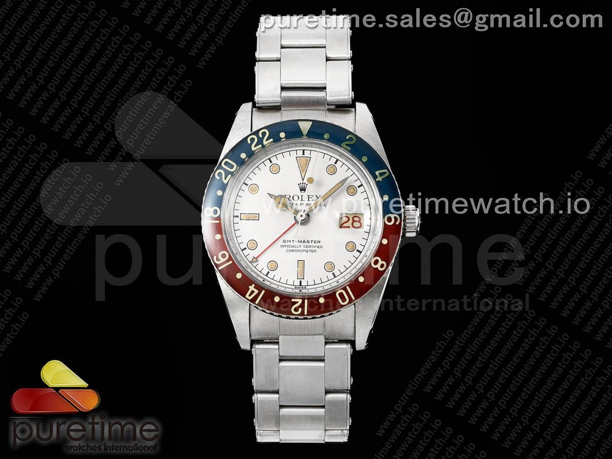 RBF 롤렉스 빈티지 GMT마스터 화이트다이얼 스틸브레이슬릿 Hand Made Aging Treatment Vintage GMT Master 6542 PAN AM Vanilla Dial RBF Best Edition on SS Bracelet A2836 V2