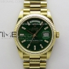 QF 롤렉스 데이데이트36 텅스텐(Cu-W) 옐로우골드 그린바게트다이얼 스틸브레이슬릿 Day Date 128238 Gain Weight YG QF 1:1 Best Edition Green Dial T-diamond Markers on YG President Bracelet