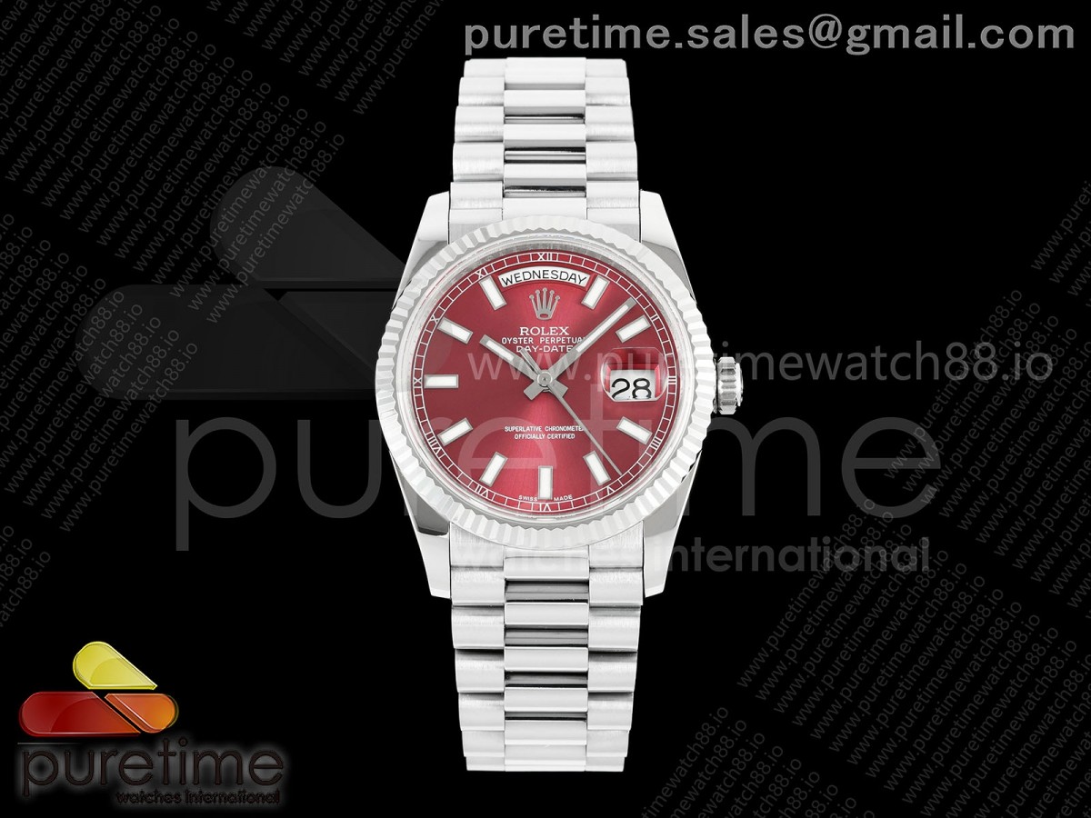 QF V3 롤렉스 데이데이트36 레드다이얼 스틸브레이슬릿 Day Date 36 SS QF 1:1 Best Edition 904L Steel Red Stick Dial on President Bracelet VR3255 V3