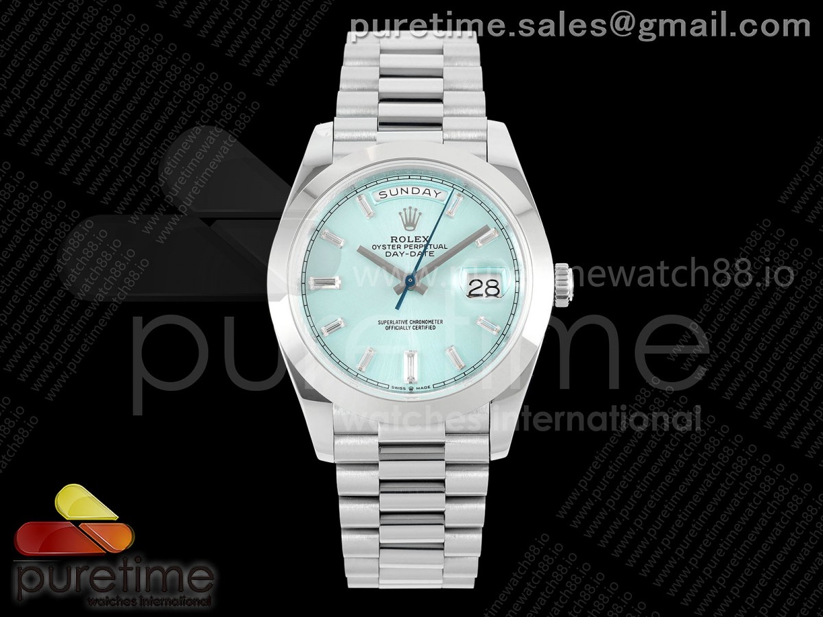 QF V6 롤렉스 데이데이트40 텅스텐(Cu-W)  아이스블루바게트다이얼 스틸브레이슬릿 199g DayDate 40 SS QF 1:1 Best Edition Ice Blue Crystal Dial on President Bracelet A2836 V6 (Gain Weight)