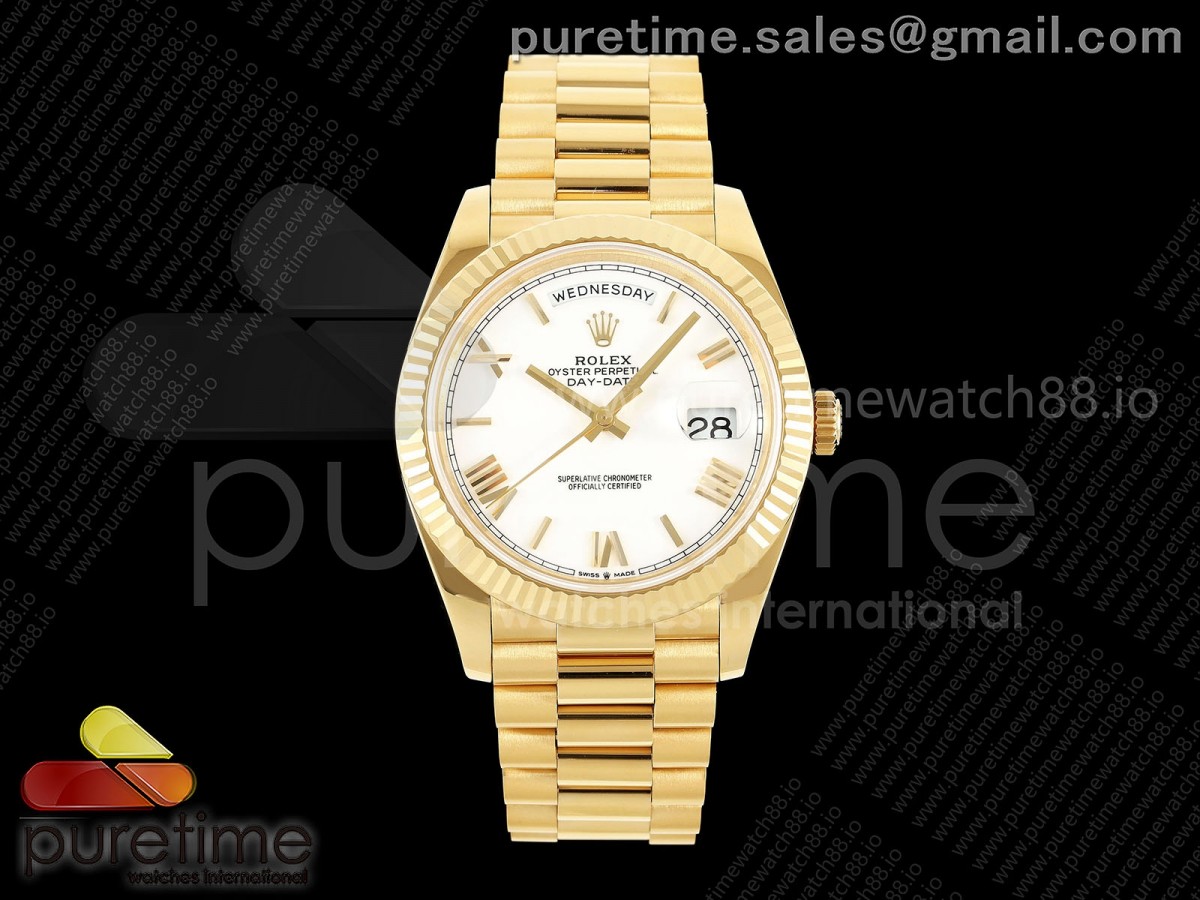 QF V6 롤렉스 데이데이트40 옐로우골드 텅스텐(Cu-W) 화이트로만다이얼 스틸브레이슬릿 199g DayDate 40 YG QF 1:1 Best Edition White Roman Dial on President Bracelet A2836 V6 (Gain Weight)