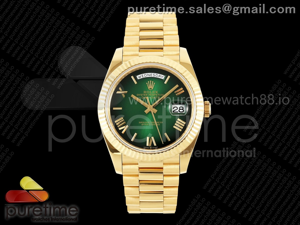 QF V6 롤렉스 데이데이트40 옐로우골드 텅스텐(Cu-W) 그린옴브레로만다이얼 스틸브레이슬릿 199g  DayDate 40 YG QF 1:1 Best Edition Green Ombre Roman Dial on President Bracelet A2836 V6 (Gain Weight)