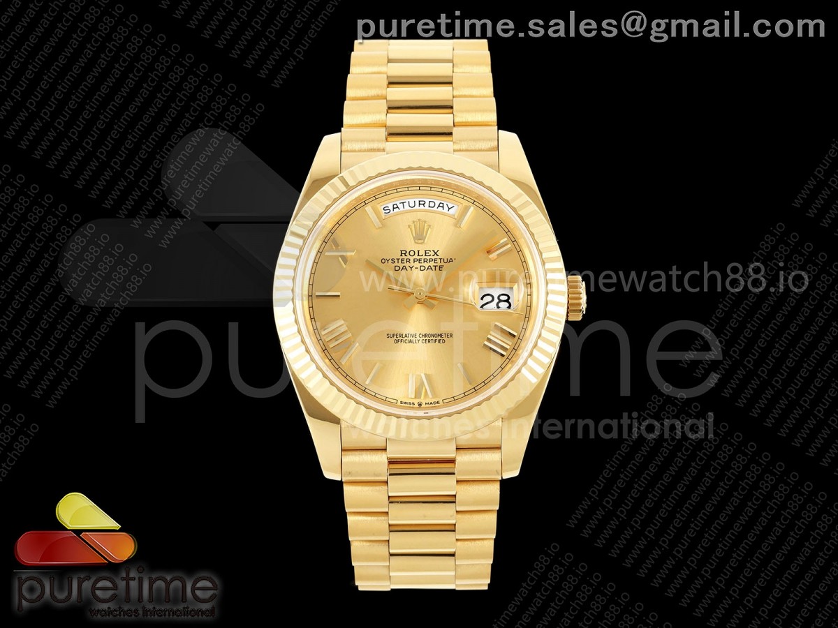 QF V8 롤렉스 데이데이트40 옐로우골드 텅스텐(Cu-W) 골드로만다이얼 스틸브레이슬릿 188g  DayDate 40 YG 1:1 Best Edition YG Roman Dial on President Bracelet VR3255 V8 (Gain Weight)