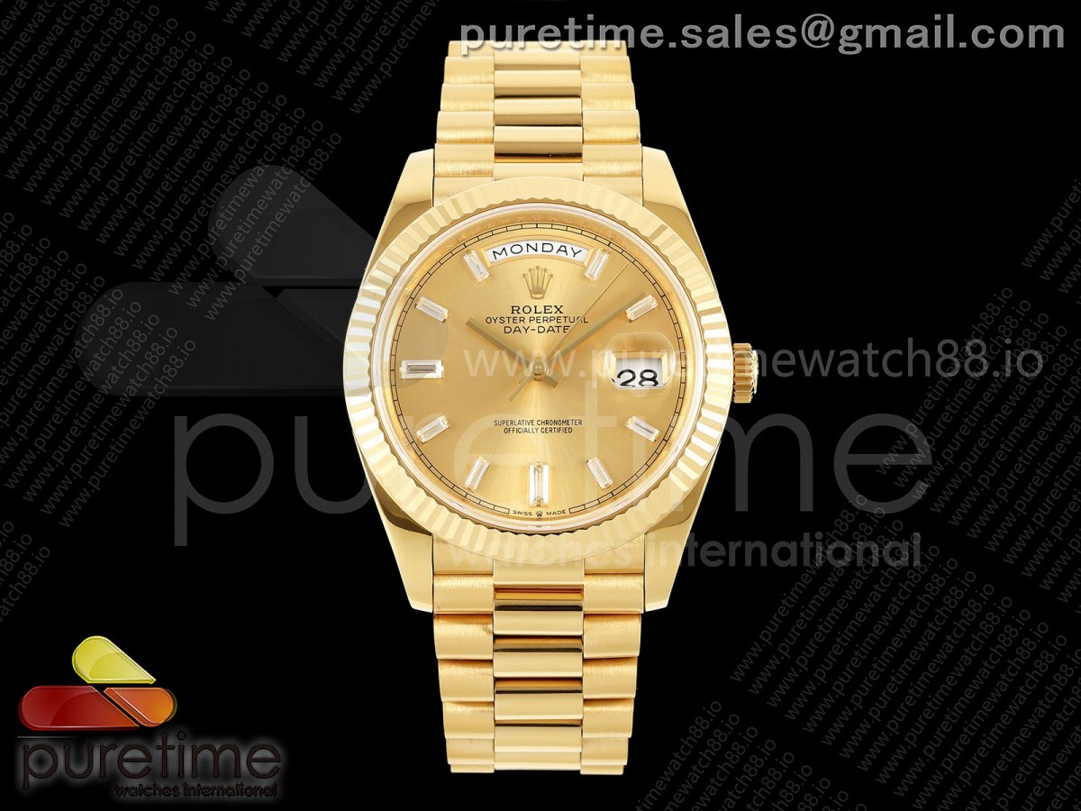 QF V8 롤렉스 데이데이트40 옐로우골드 텅스텐(Cu-W) 골드바게트다이얼 스틸브레이슬릿 188g  DayDate 40 YG 1:1 Best Edition YG Crystal Dial on President Bracelet VR3255 V8 (Gain Weight)