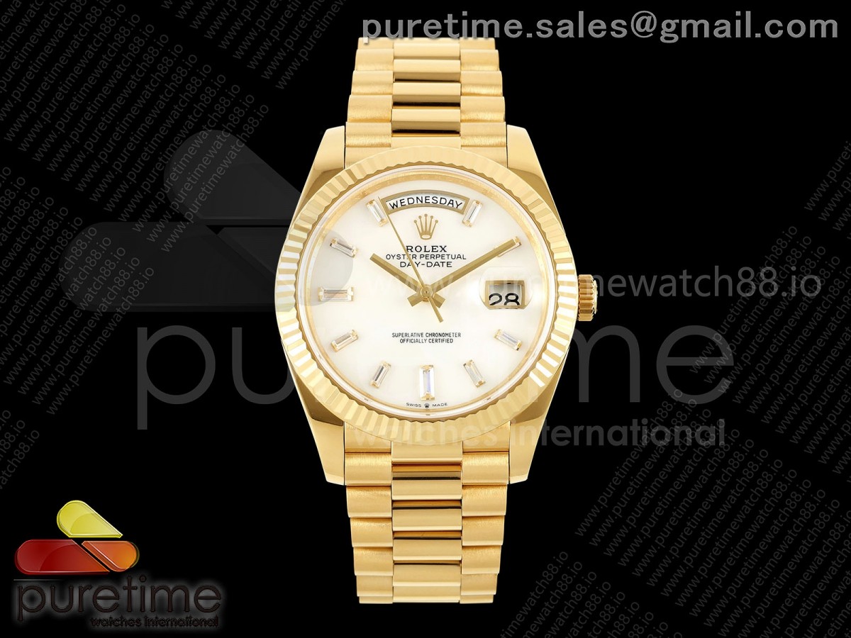 QF V8 롤렉스 데이데이트40 옐로우골드 텅스텐(Cu-W) 자개바게트다이얼 스틸브레이슬릿 188g DayDate 40 YG 1:1 Best Edition White MOP Crystal Dial on President Bracelet VR3255 V8 (Gain Weight)