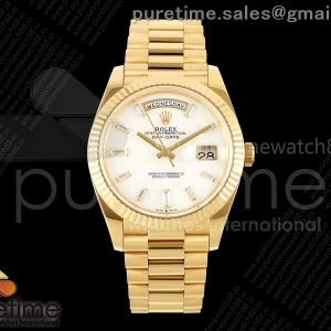 QF V8 롤렉스 데이데이트40 옐로우골드 텅스텐(Cu-W) 자개바게트다이얼 스틸브레이슬릿 188g DayDate 40 YG 1:1 Best Edition White MOP Crystal Dial on President Bracelet VR3255 V8 (Gain Weight)