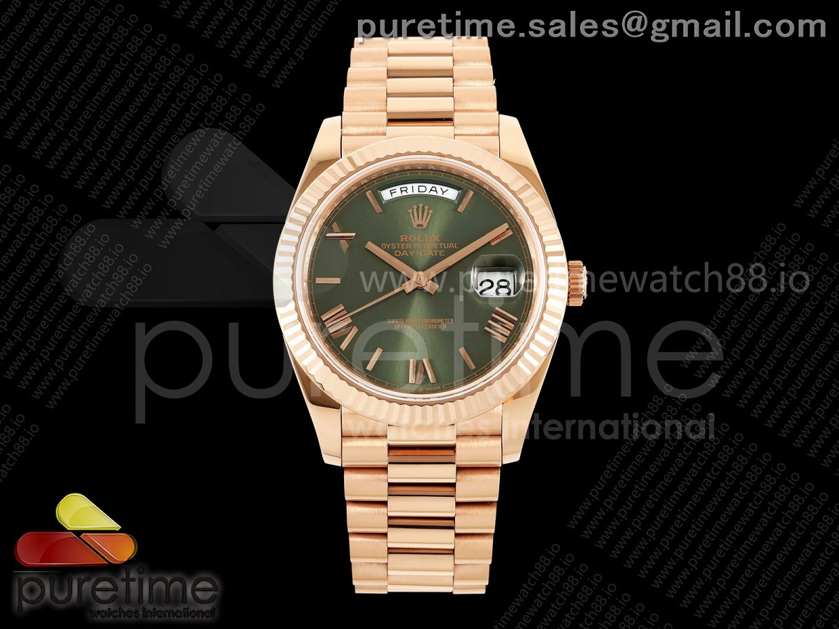 QF V8 롤렉스 데이데이트40 로즈골드 텅스텐(Cu-W) 그린로만다이얼 스틸브레이슬릿 188g DayDate 40 RG QF 1:1 Best Edition Green Roman Dial on President Bracelet VR3255 V8 (Gain Weight)