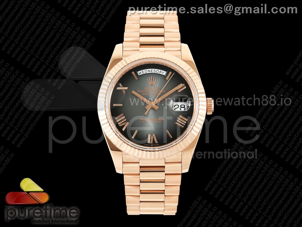 QF V8 롤렉스 데이데이트40 로즈골드 텅스텐(Cu-W) 그레이옴브레로만다이얼 스틸브레이슬릿 188g DayDate 40 RG QF 1:1 Best Edition Gray Ombre Roman Dial on President Bracelet VR3255 V8 (Gain Weight)