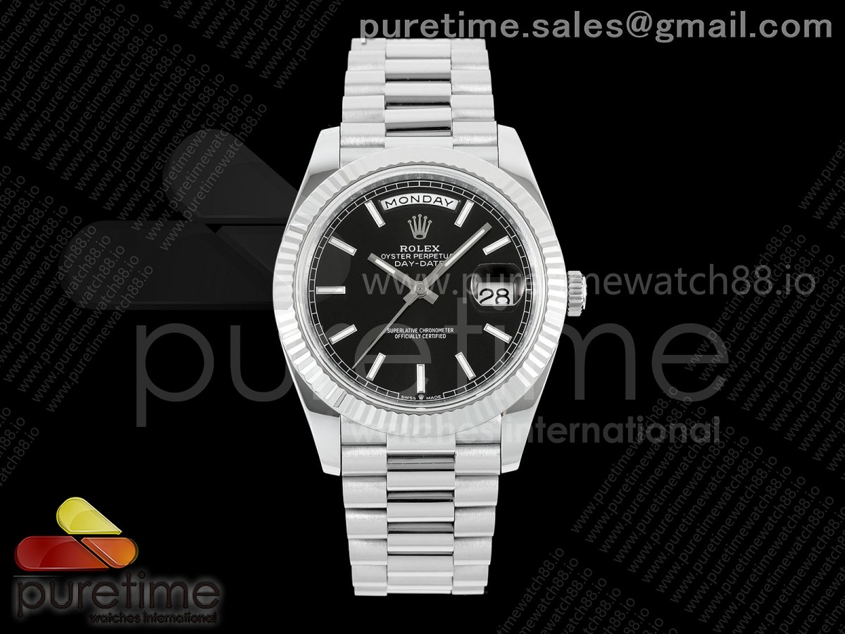 QF V8 롤렉스 데이데이트40 텅스텐(Cu-W) 블랙다이얼 스틸브레이슬릿 190g DayDate 40 SS QF 1:1 Best Edition 904L Steel Black Stick Dial on President Bracelet VR3255 V8 (Gain Weight)