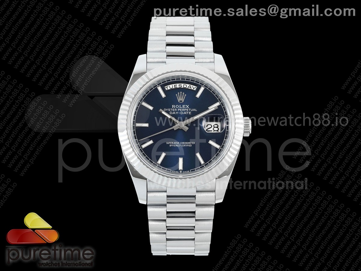 QF V8 롤렉스 데이데이트40 텅스텐(Cu-W) 블루다이얼 스틸브레이슬릿 190g DayDate 40 SS QF 1:1 Best Edition 904L Steel Blue Stick Dial on President Bracelet VR3255 V8 (Gain Weight)