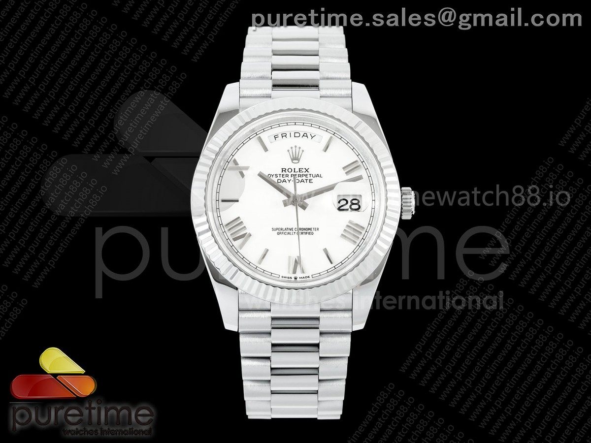 QF V8 롤렉스 데이데이트40 텅스텐(Cu-W) 화이트로만다이얼 스틸브레이슬릿 190g DayDate 40 SS QF 1:1 Best Edition 904L Steel White Roman Dial on President Bracelet VR3255 V8 (Gain Weight)