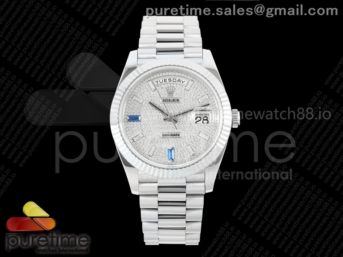 QF V8 롤렉스 데이데이트40 텅스텐(Cu-W) 다이아몬드다이얼 스틸브레이슬릿 190g DayDate 40 SS QF 1:1 Best Edition 904L Steel Diamonds Dial on President Bracelet VR3255 V8 (Gain Weight)