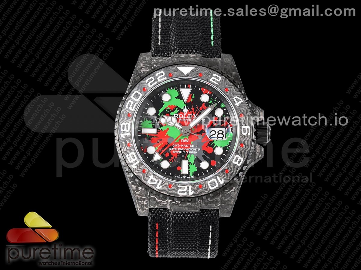 OMF 롤렉스 지엠티마스터 DIW카본 블랙/레드/그린다이얼 블랙나일론스트랩 GMT DIW Carbon OMF Best Edition All Black/Red/Green Black Dial on Black Nylon Strap SA3186 CHS