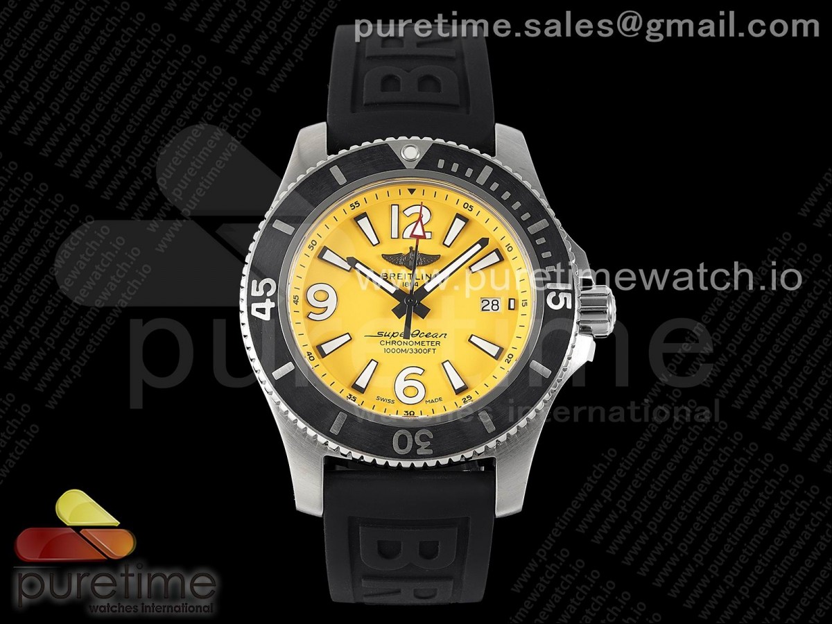 TF 브라이틀링 슈퍼오션 오토매틱 옐로우다이얼 블랙러버스트랩 Superocean Automatic 44 TF 1:1 Best Edition Yellow Dial Black Bezel on Black Rubber Strap A2824