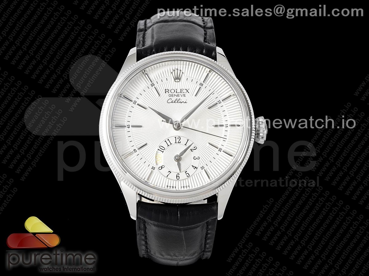 KZF 롤렉스 셀리니 듀얼타임 화이트다이얼 블랙가죽스트랩 Cellini Dual Time 50529 SS KZF Best Edition White Dial on Black Leather Strap A23J