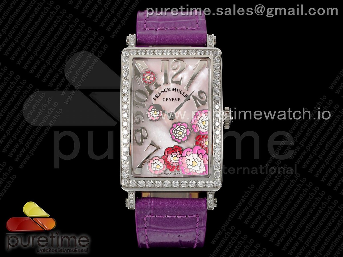 ZF 프랭크뮬러 롱아일랜드 레이디 다이아베젤 자개다이얼 퍼플가죽스트랩 Long Island Ladies SS Diamonds Bezel ZF 1:1 Mother of Pearl Dial on Purple Leather Strap Swiss Ronda Quartz