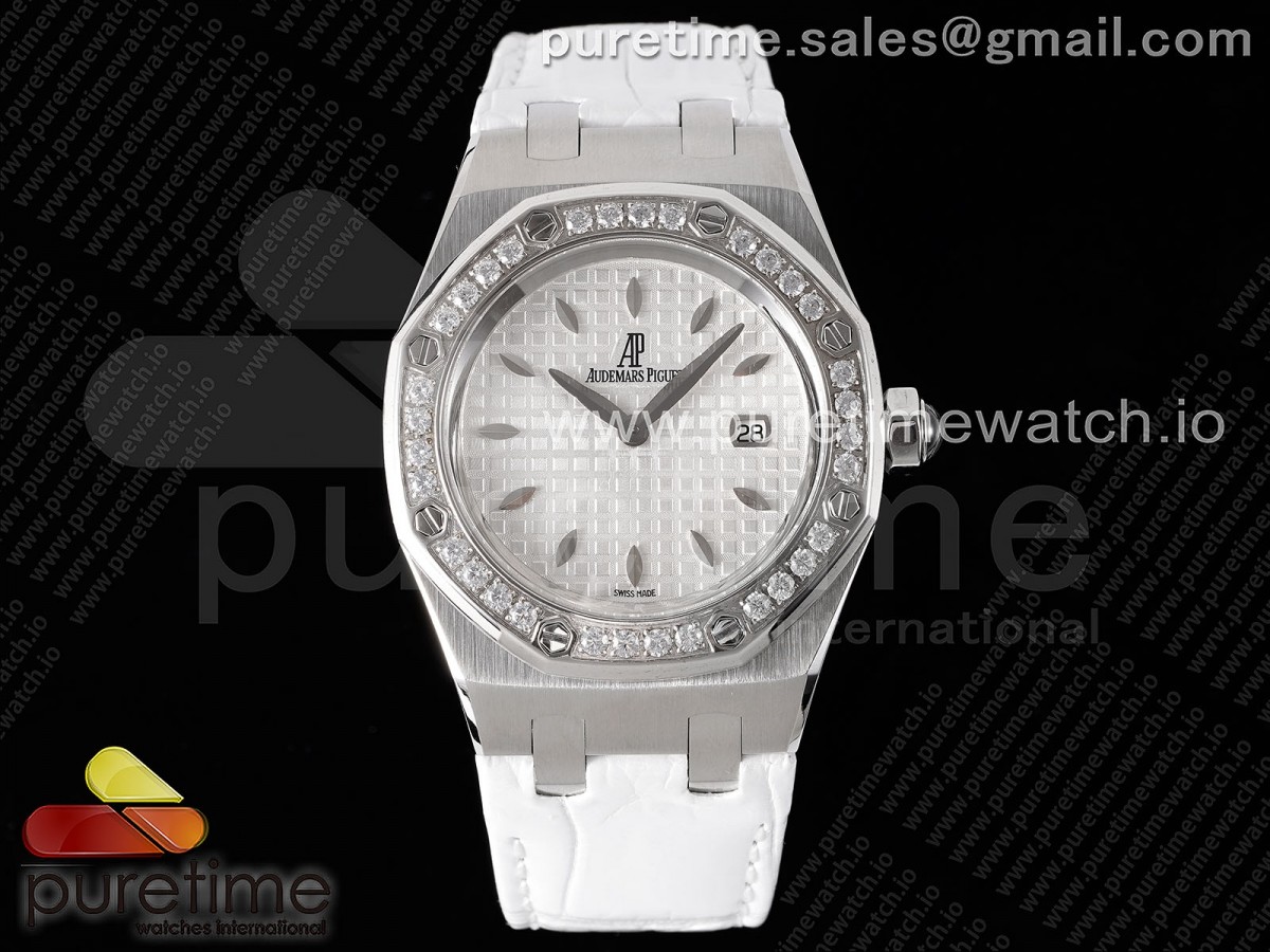 TWF 로얄오크 오프쇼어 레이디 화이트다이얼 다이아베젤 화이트가죽스트랩 Royal Oak Offshore Ladies 37mm SS TWF Best Edition White Dial Diamonds Bezel on White Leather Strap ETA Quartz