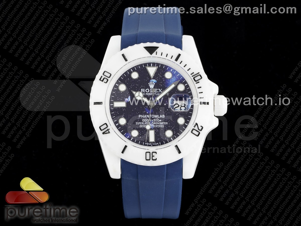 5GF 롤렉스 서브마리너 화이트세라믹케이스 다크블루다이얼 블루러버스트랩 Submariner 40mm White Ceramic 5GF Best Edition Dark Blue Dial on Blue Rubber Strap SA3135