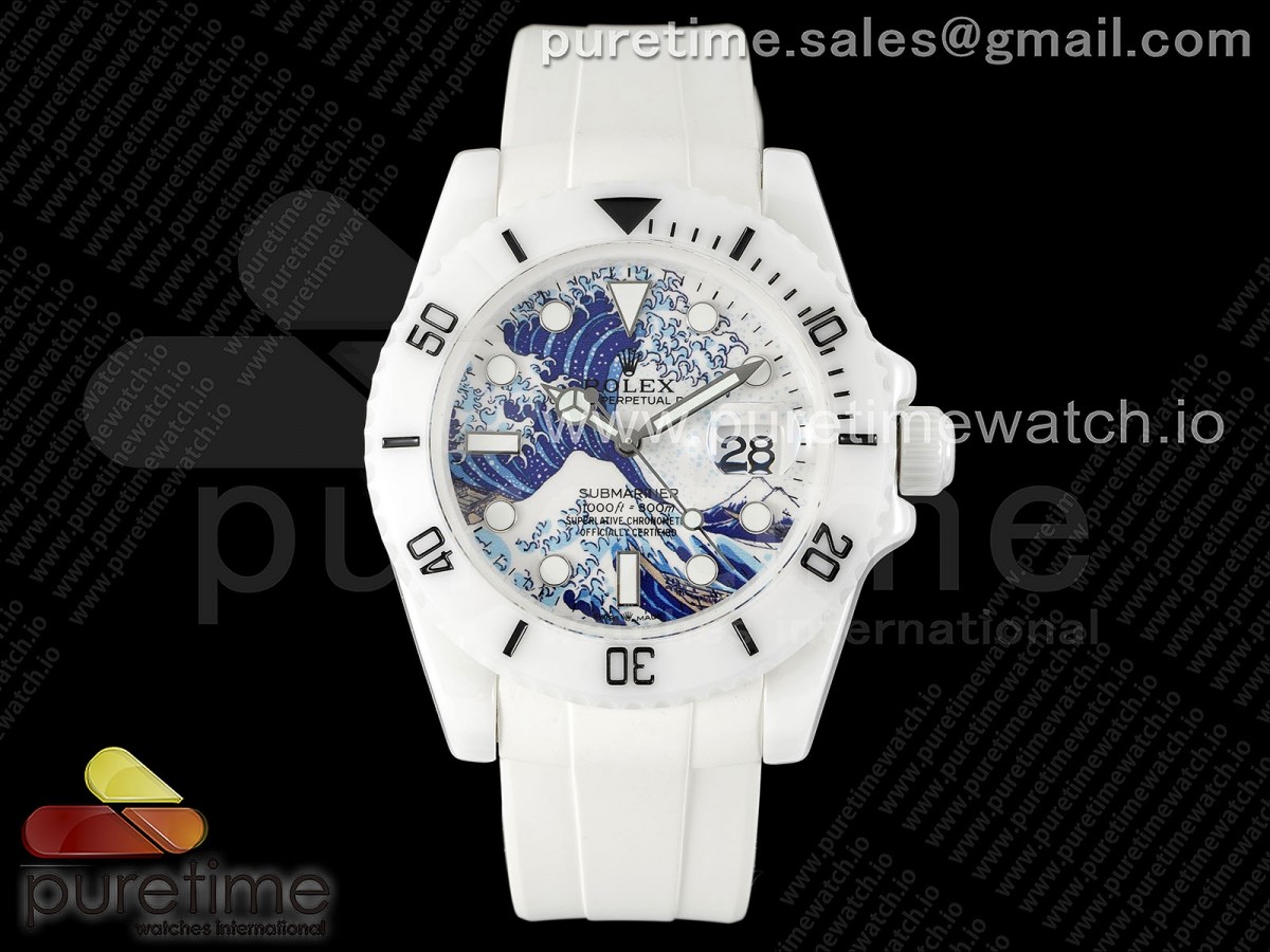 5GF 롤렉스 서브마리너 화이트세라믹케이스 페인팅다이얼 화이트러버스트랩 Submariner 40mm White Ceramic 5GF Best Edition Sea Painting Dial on White Rubber Strap SA3135