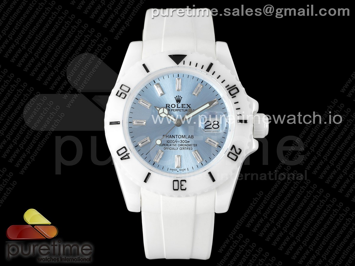 5GF 롤렉스 서브마리너 화이트세라믹케이스 아이스블루다이얼 화이트러버스트랩 Submariner 40mm White Ceramic 5GF Best Edition Ice Blue Dial on White Rubber Strap SA3135