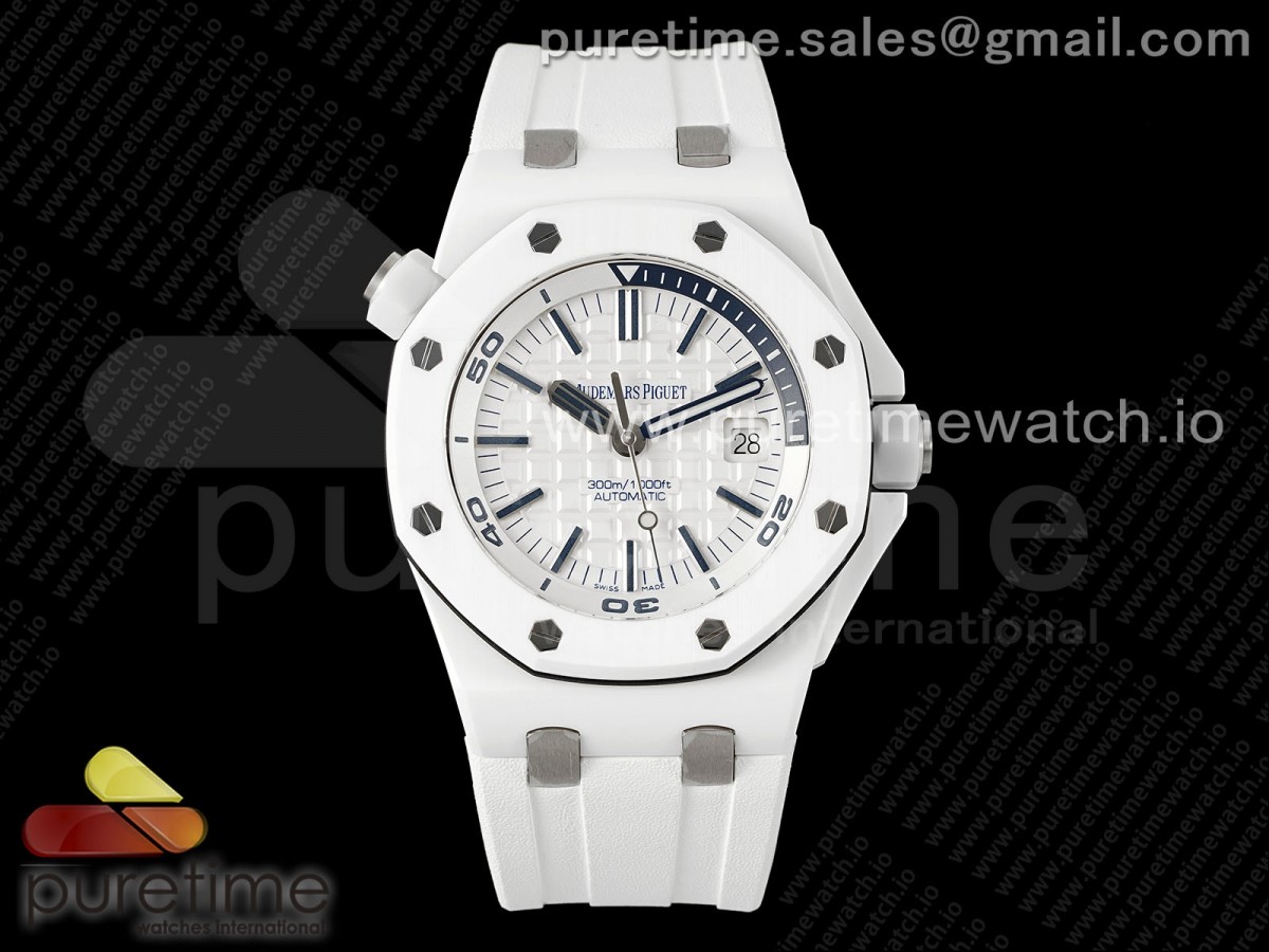 APSF 오데마피게 로얄오크 오프쇼어 다이버 15707 화이트세라믹 화이트다이얼 화이트러버스트랩 Royal Oak Offshore Diver 15707 White Ceramic APSF 1:1 Best Edition SA3120 Super Clone