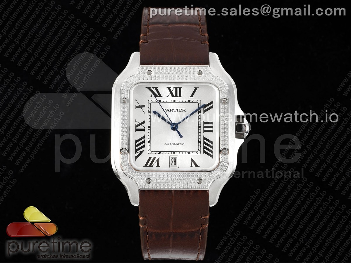 3KF 까르띠에 산토스 라지 다이아베젤 화이트다이얼 브라운가죽스트랩 Santos de Cartier 40mm 3KF 1:1 Best Edition White Dial Diamonds Bezel on Brown Leather Strap MIYOTA 9015