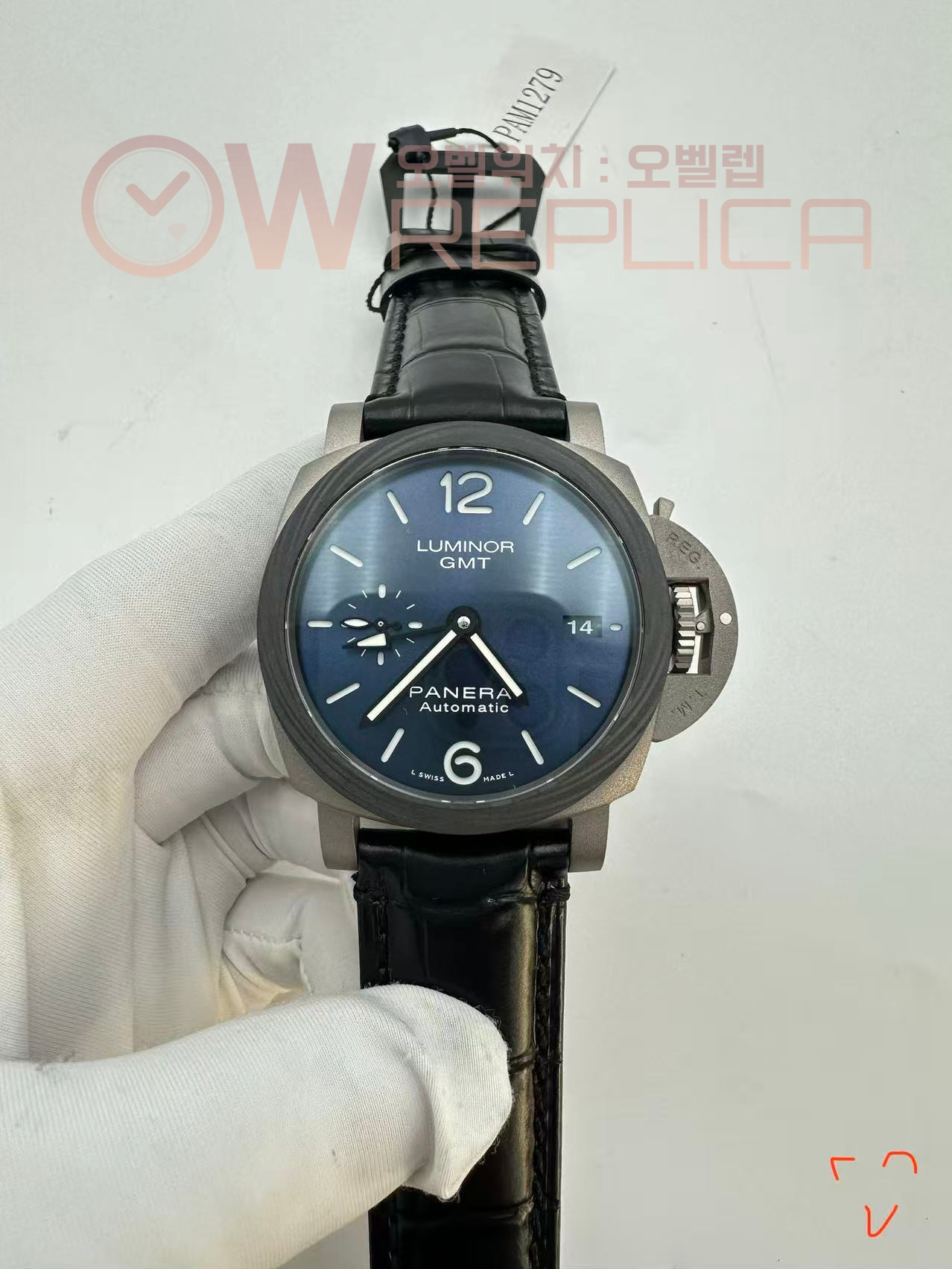 (#국내# 당발) VSF 파네라이 루미노르GMT 42미리 티타늄케이스 카본베젤 PAM1279 블루다이얼 블랙가죽스트랩