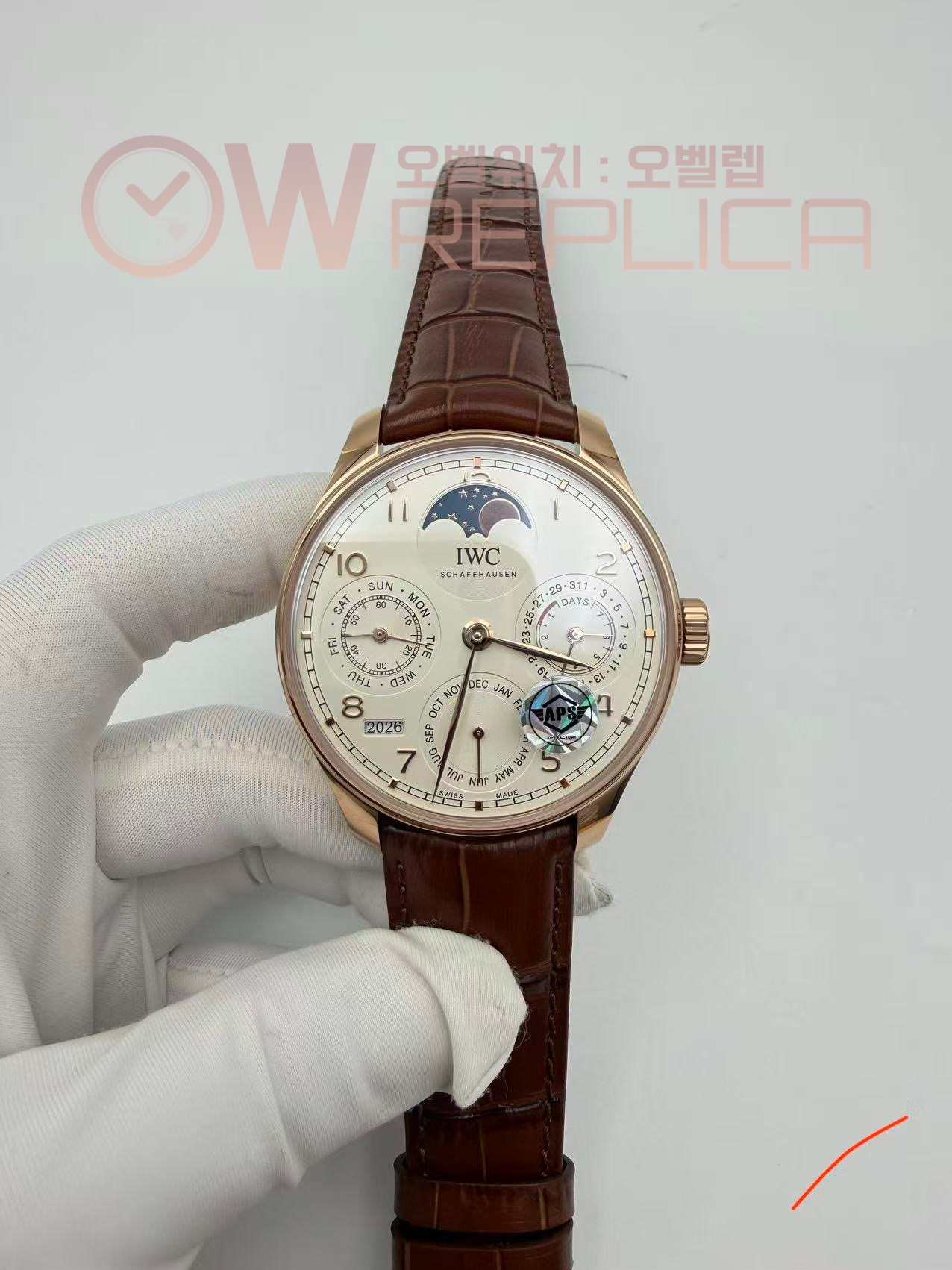 (#국내# 당발) APSF IWC 포르투기저 퍼페츄얼캘린더 로즈골드 화이트다이얼 브라운가죽스트랩