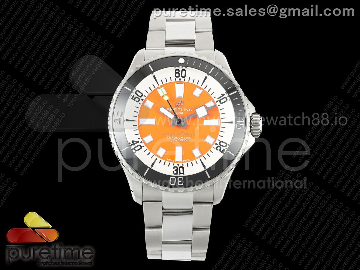 TF 브라이틀링 슈퍼오션 44미리 블랙베젤 오렌지다이얼 스틸브레이슬릿  SuperOcean Automatic 44 SS Black Bezel TF 1:1 Best Edition Orange Dial on SS Bracelet A2824