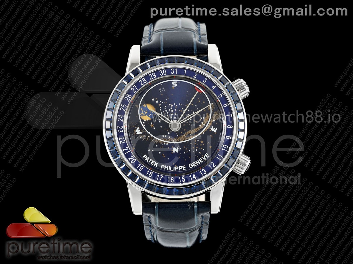 3KF 파텍필립 그랜드컴플리케이션 6102 블루다이아베젤 블루다이얼 블루가죽스트랩 Grand Complications 6102 SS 3KF Best Edition Blue Diamonds Bezel Blue Dial on Blue Leather Strap A240