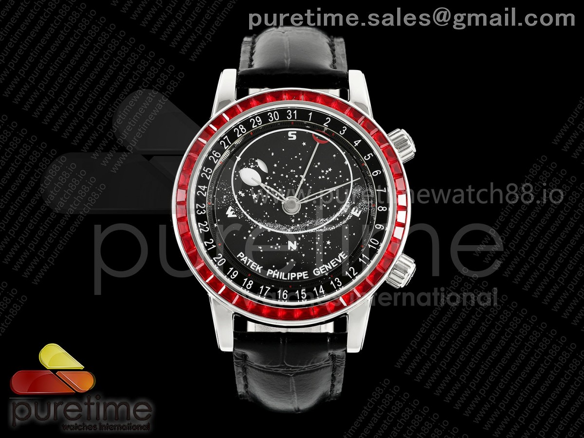 3KF 파텍필립 그랜드컴플리케이션 6102 레드다이아베젤 블랙다이얼 블랙가죽스트랩 Grand Complications 6102 SS 3KF Best Edition Red Diamonds Bezel Black Dial on Black Leather Strap A240