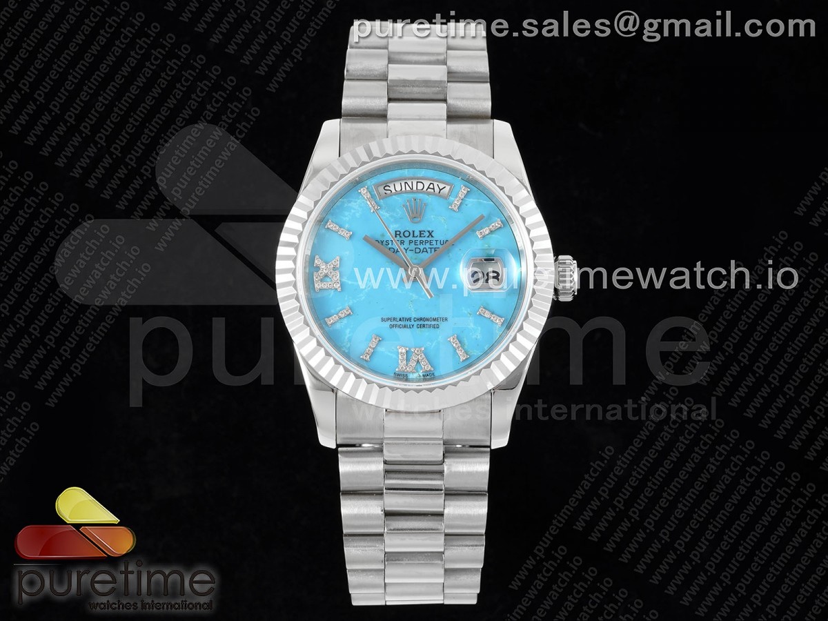 DDF 롤렉스 데이데이트36 블루스톤다이얼 다이아인덱스 스틸브레이슬릿 Day Date 36 SS DDF Best Edition Blue Stone Dial Diamonds Marker on SS Bracelet A2836