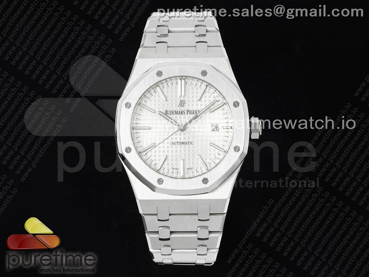 RSF 오데마피게 로얄오크 15400 화이트다이얼 스틸브레이슬릿  Royal Oak 41mm 15400 SS RSF 1:1 Best Edition White Textured Dial on SS Bracelet A3120 Super Clone