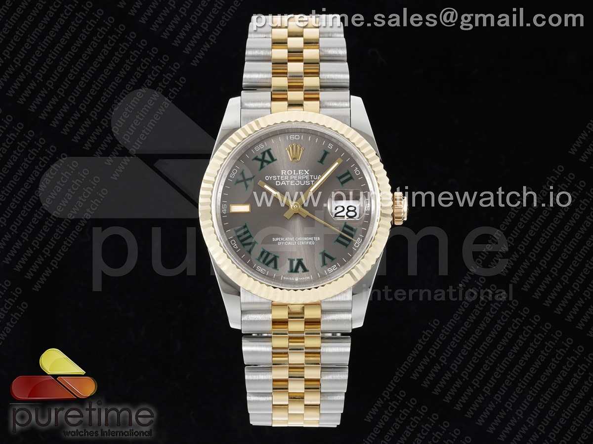 GMF 롤렉스 데이저스트36 옐로우골드 포금콤비 슬레이트로만다이얼 스틸브레이슬릿 윔블던 DateJust 36 SS/YG 126233 JDF Gold Wrapped 904L Steel Gray Dial Green Roman Markers on Jubilee Bracelet (Increase Weight)