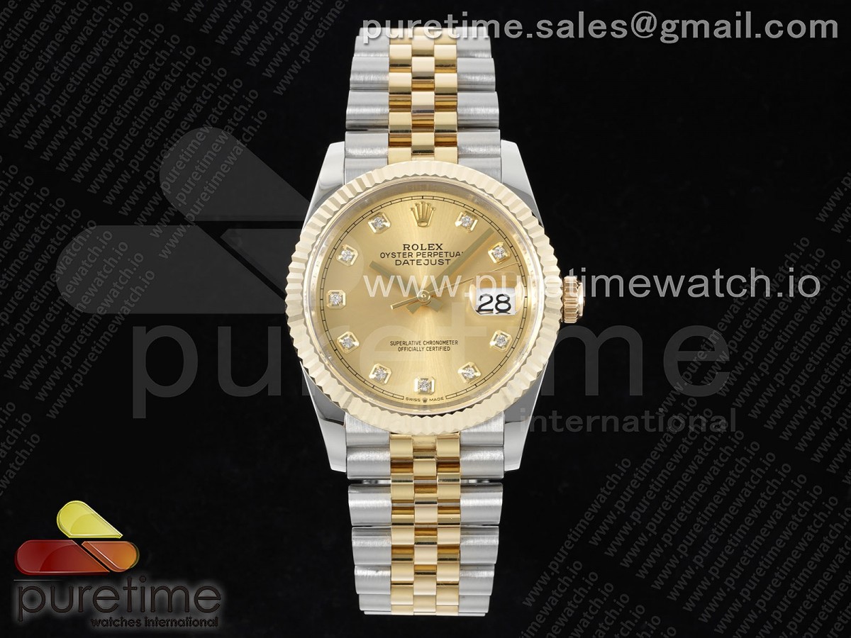 GMF 롤렉스 데이저스트36 옐로우골드 포금콤비 골드텐포인트다이얼 스틸브레이슬릿 DateJust 36 SS/YG 126233 JDF Gold Wrapped 904L Steel YG Dial Diamonds Markers on Jubilee Bracelet (Increase Weight)