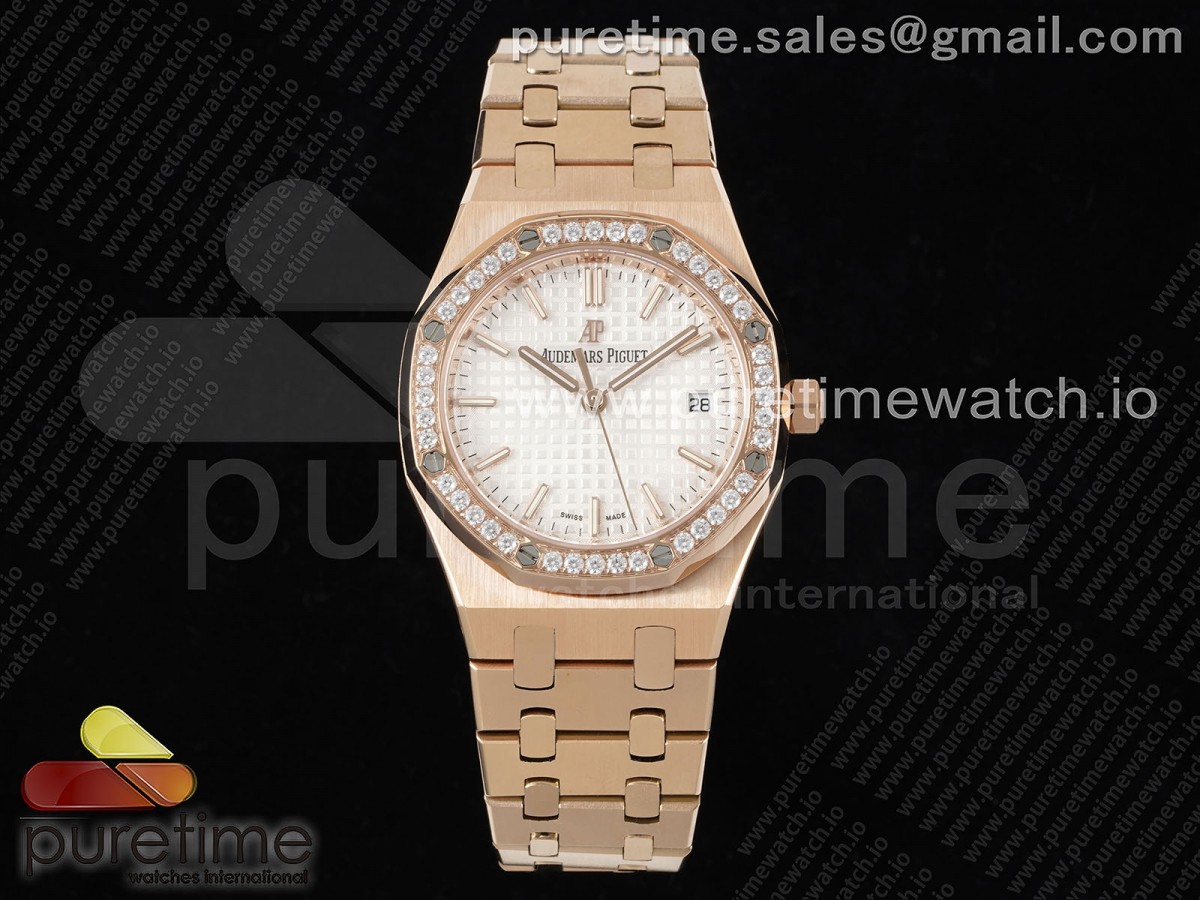 NTF 오데마피게 로얄오크 레이디 로즈골드 다이아베젤 화이트다이얼 스틸브레이슬릿 Royal Oak 77351 Ladies RG NTF Best Edition White Dial Diamonds Bezel on RG Bracelet A5800