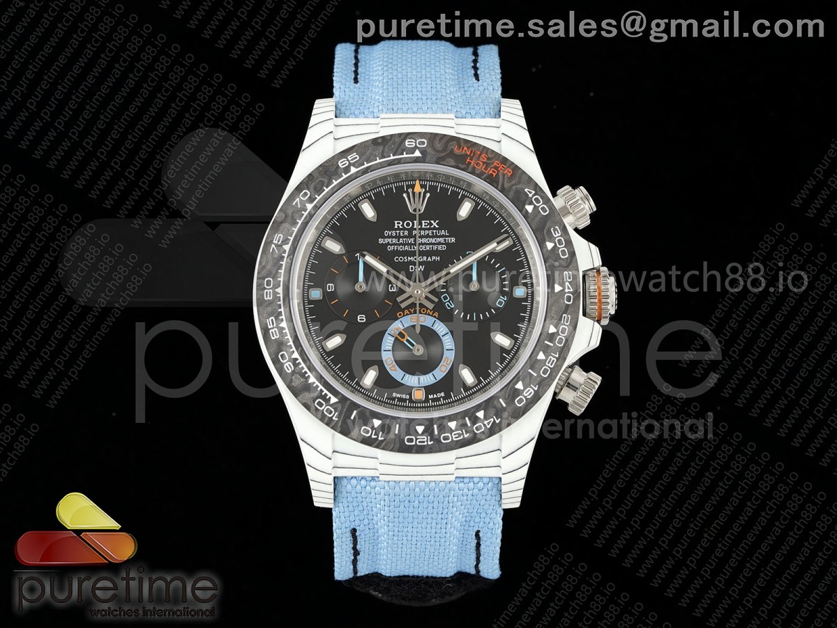 DIWF 롤렉스 데이토나 화이트카본 블랙카본베젤 블랙다이얼 블루나일론스트랩 Daytona DIW White Carbon DIWF Best Edition Black Dial on Blue Nylon Strap DD4801