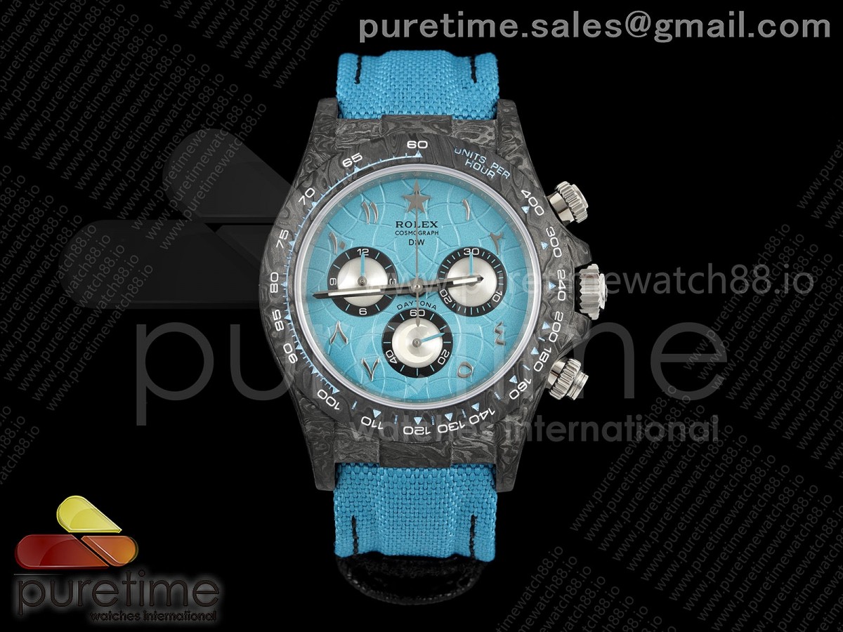 DIWF 롤렉스 데이토나 블랙카본 블루로만다이얼 블루나일론스트랩 Daytona DIW Black Carbon DIWF Best Edition Blue/Silver Roman Dial on Blue Nylon Strap DD4801