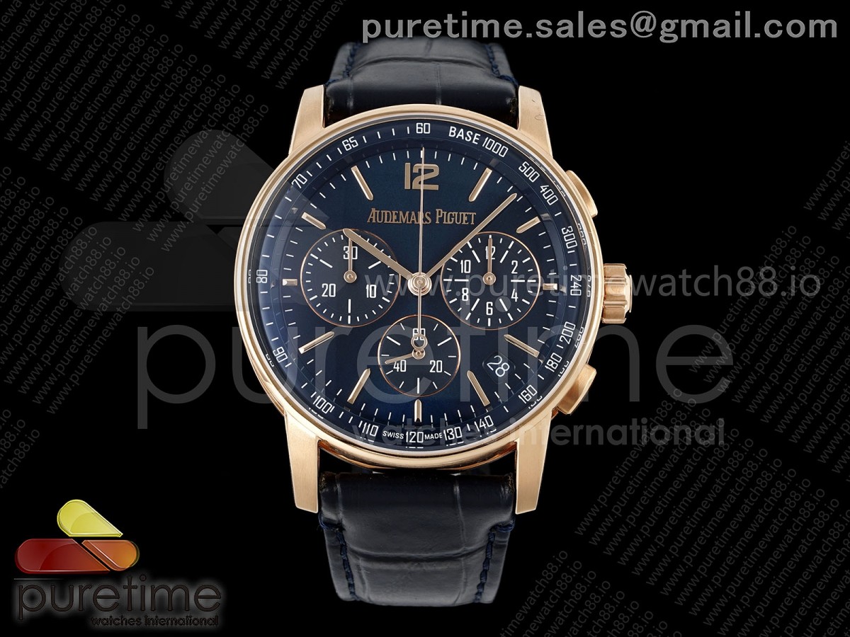 APSF 오데마피게 코드11.59 크로노 로즈골드 26393 블루다이얼 블루가죽스트랩  Code 11.59 Chrono 26393 RG APSF 1:1 Best Edition Blue Dial on Blue Leather Strap SA4401 Super Clone
