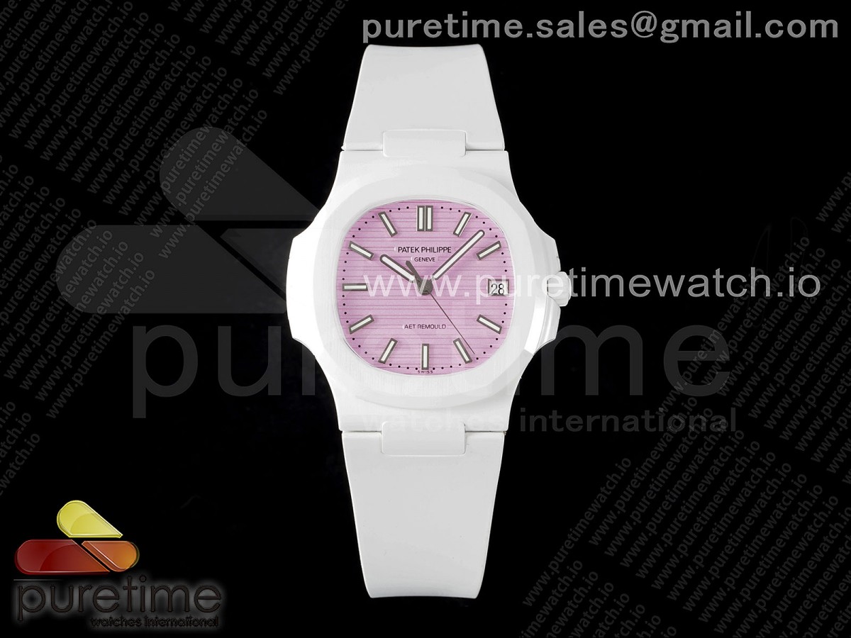 AMGF 파텍필립 AET노틸러스 5711 화이트세라믹 핑크다이얼 화이트러버스트랩 AET Nautilus 5711 White Ceramic AMGF Best Edition Pink Dial on White Rubber Strap MIYOTA 9015