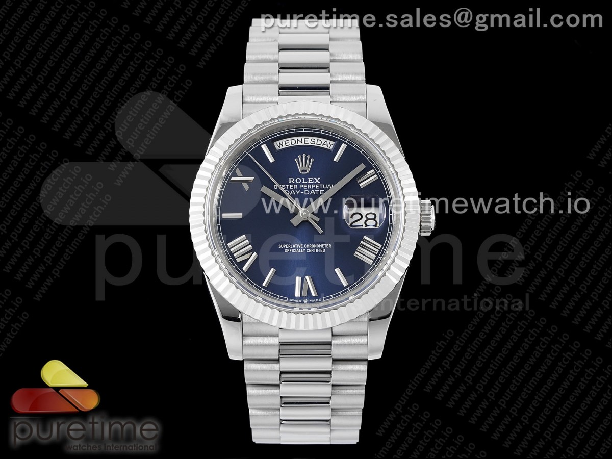 GMF V2 롤렉스 데이데이트40 텅스텐(Cu-W metal) 블루로만다이얼 스틸브레이슬릿 DayDate 40 SS JDF Gain Weight 904L Steel Blue Dial Roman Markers on President Bracelet A2836 V2