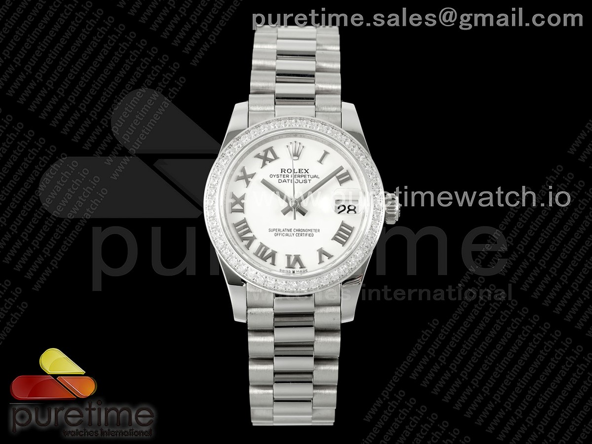 GMF 롤렉스 데이저스트 레이디 31미리 다이아베젤 화이트로만다이얼 프레지던트스틸브레이슬릿  DateJust 31 Ladies 278289rbr GMF White Roman Dial on SS President Bracelet A2824