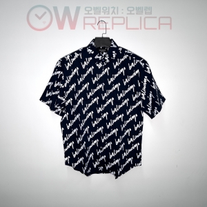 GOD공장 발렌시아가 풀프린팅 네이비 반팔 셔츠