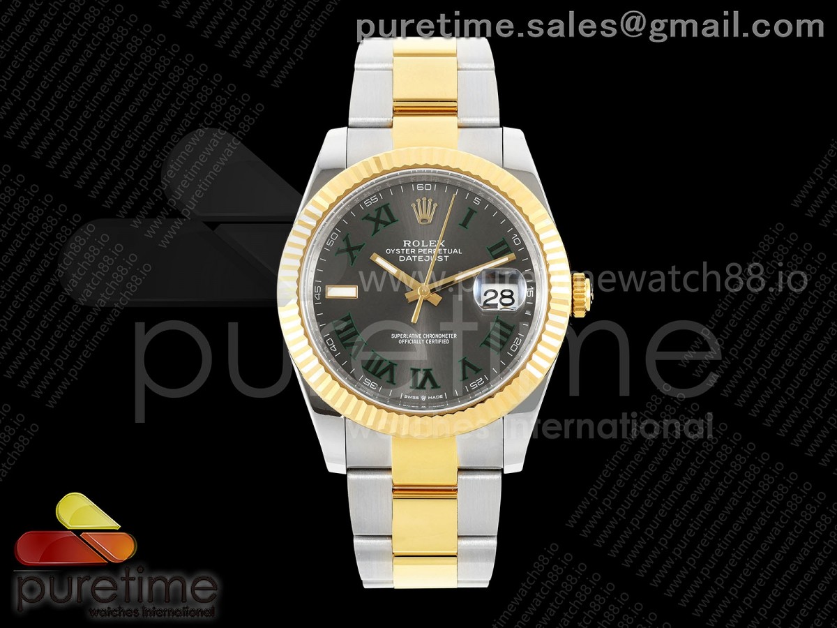 BJF 롤렉스 데이저스트41 옐로우골드콤비 포금 슬레이트로만다이얼 스틸브레이슬릿 윔블던 DateJust 41 126333 SSYG Wrapped BJF 1:1 Best Edition 904L Steel Gray Dial Green Roman on Oyster Bracelet SH3235