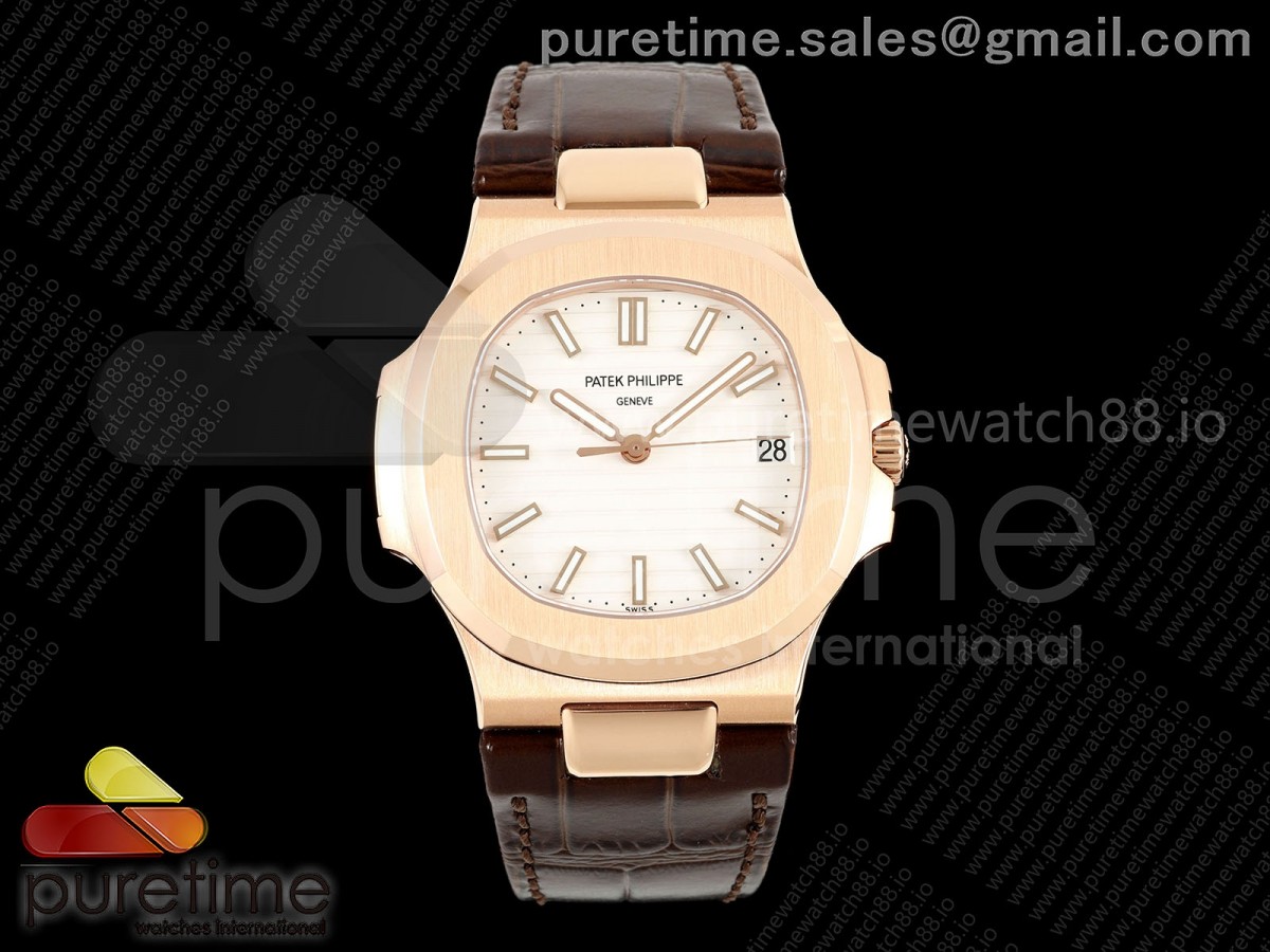 DDF 파텍필립 노틸러스 5711 로즈골드 텅스텐(Cu-W) 화이트다이얼 브라운가죽스트랩 DD330 Nautilus 5711 RG DDF 1:1 Best Edition White Dial on Brown Leather Strap DD330 Super Clone (Weighted)