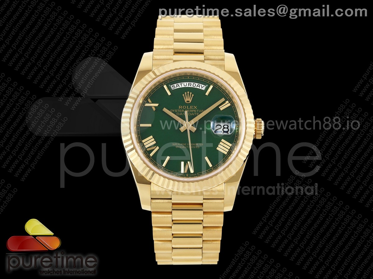 RCF 롤렉스 데이데이트40 옐로우골드 텅스텐(Cu-W) 그린로만다이얼 스틸브레이슬릿 210g  Day Date 40 YG RCF 1:1 Best Edition Green Roman Dial on President Bracelet VR3255