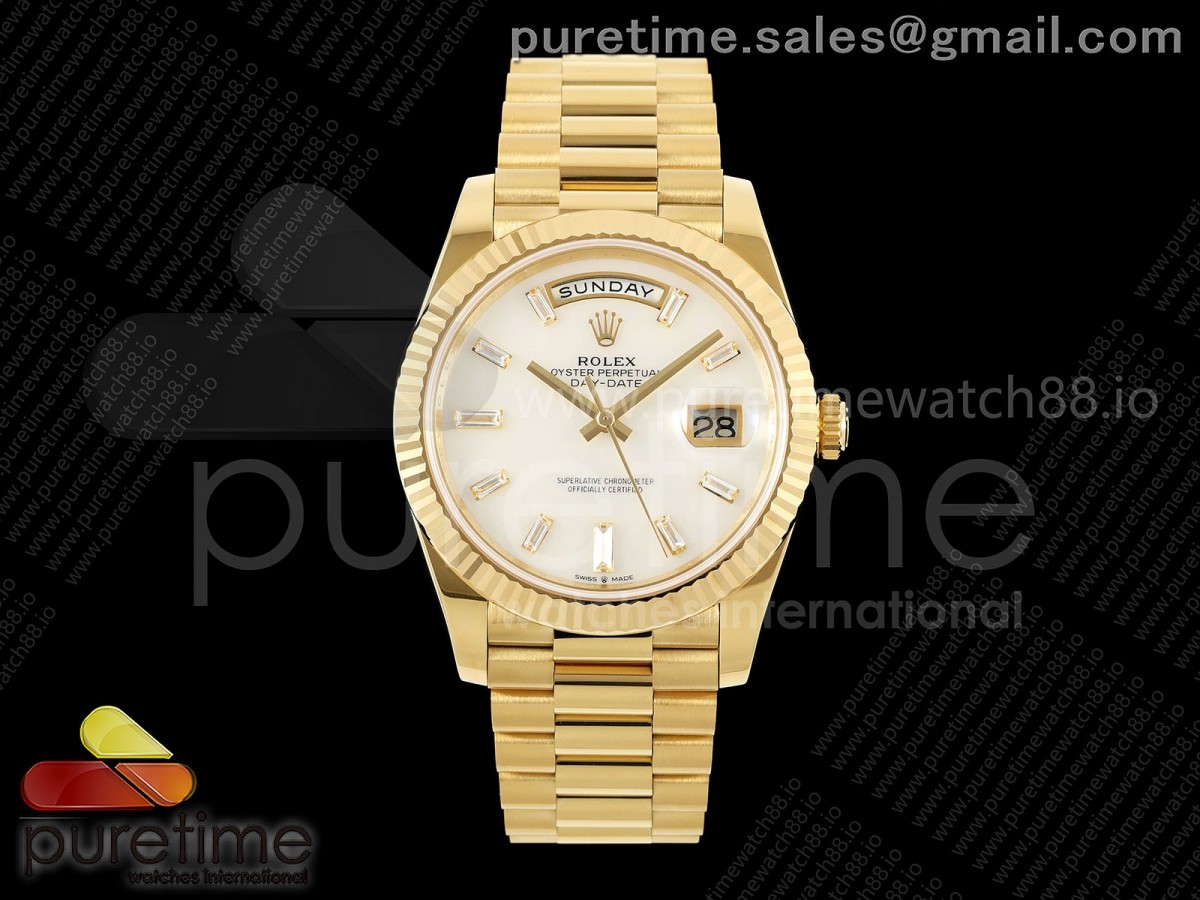 RCF 롤렉스 데이데이트40 옐로우골드 텅스텐(Cu-W) 자개바게트다이얼 스틸브레이슬릿 210g Day Date 40 YG RCF 1:1 Best Edition White MOP Crystal Dial on President Bracelet VR3255