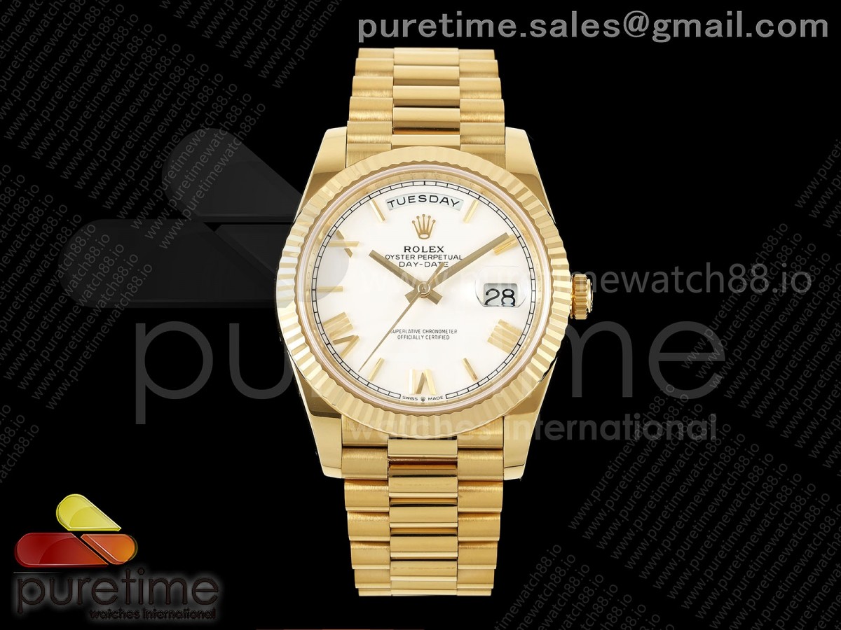 RCF 롤렉스 데이데이트40 옐로우골드 텅스텐(Cu-W) 화이트로만다이얼 스틸브레이슬릿 210g Day Date 40 YG RCF 1:1 Best Edition White Roman Dial on President Bracelet VR3255